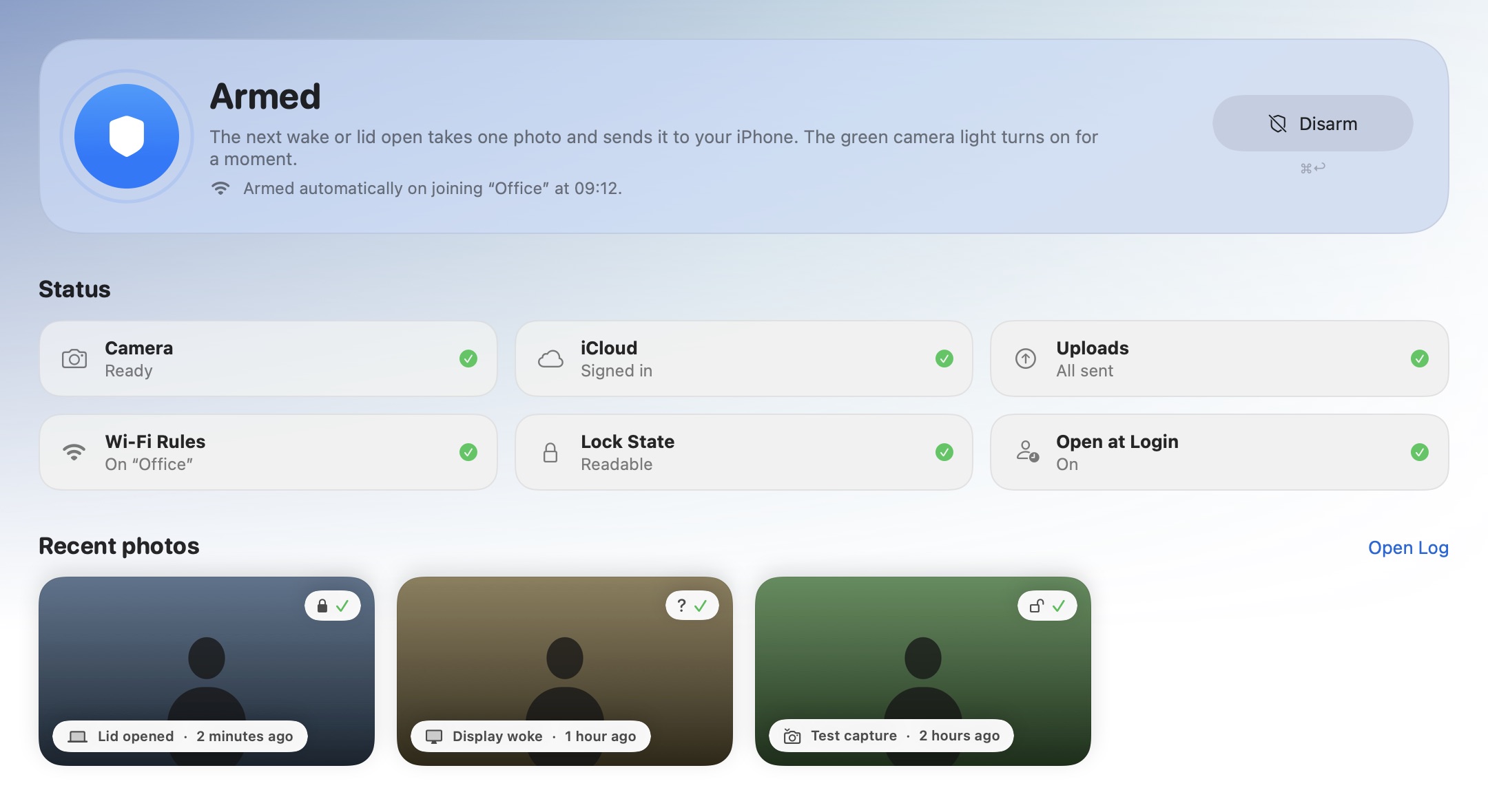 LidOwl on the Mac: armed, with status tiles and recent photos.